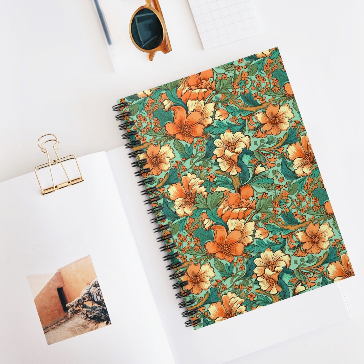 Vintage Floral Pattern Orange Boho Theme Spiral Notebook - Ruled Line