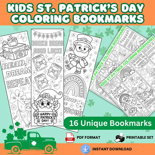 16 Printable St. Patrick's Day Coloring Bookmarks, Coloring Pages for Kids, Kid Color Your Own Book Marks, Instant Download DIY Kids Activity