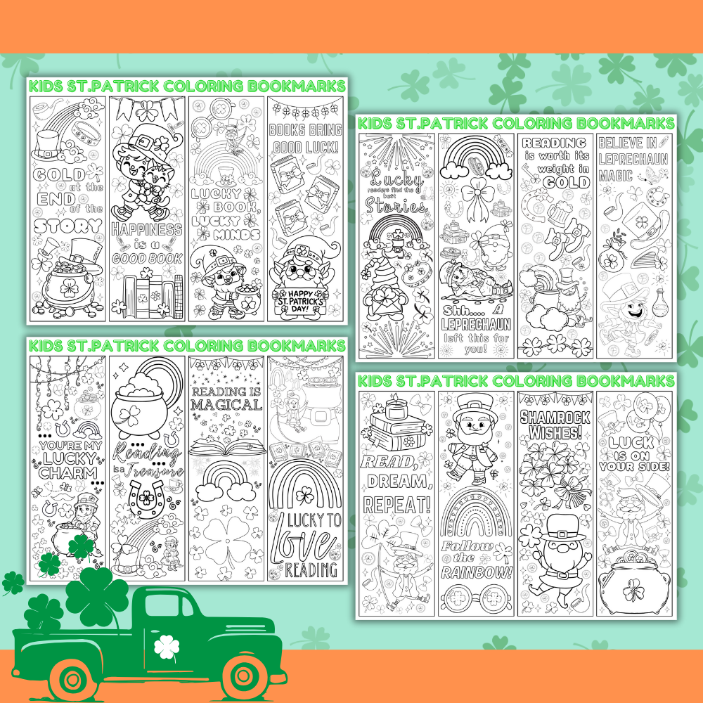 16 Printable St. Patrick's Day Coloring Bookmarks, Coloring Pages for Kids, Kid Color Your Own Book Marks, Instant Download DIY Kids Activity
