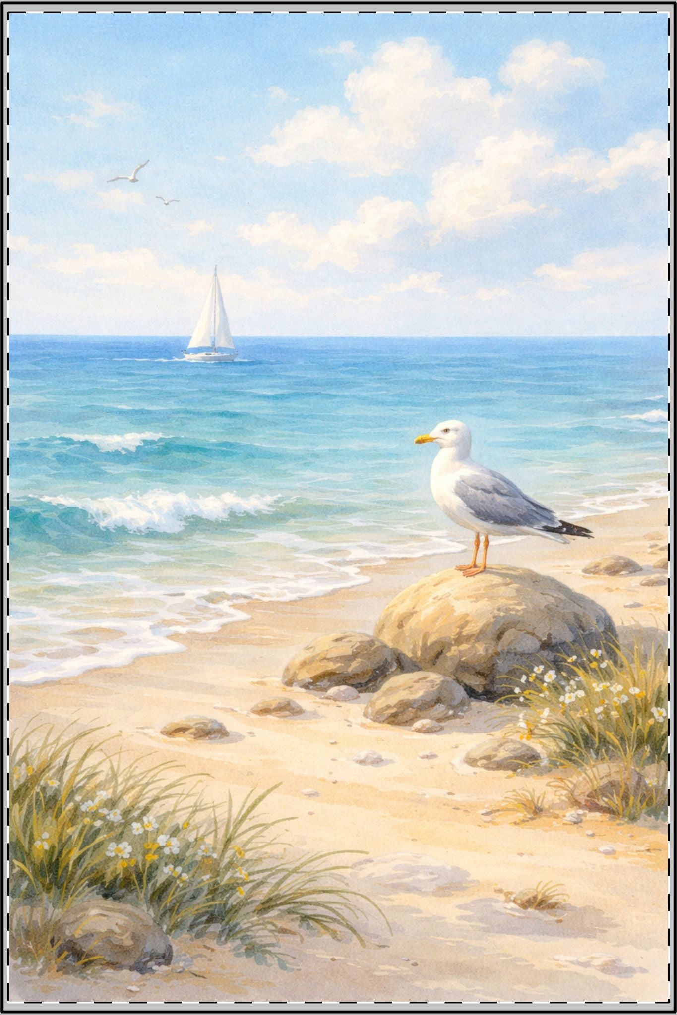 Coastal Seagull Satin Poster — Serene Beach Wall Art