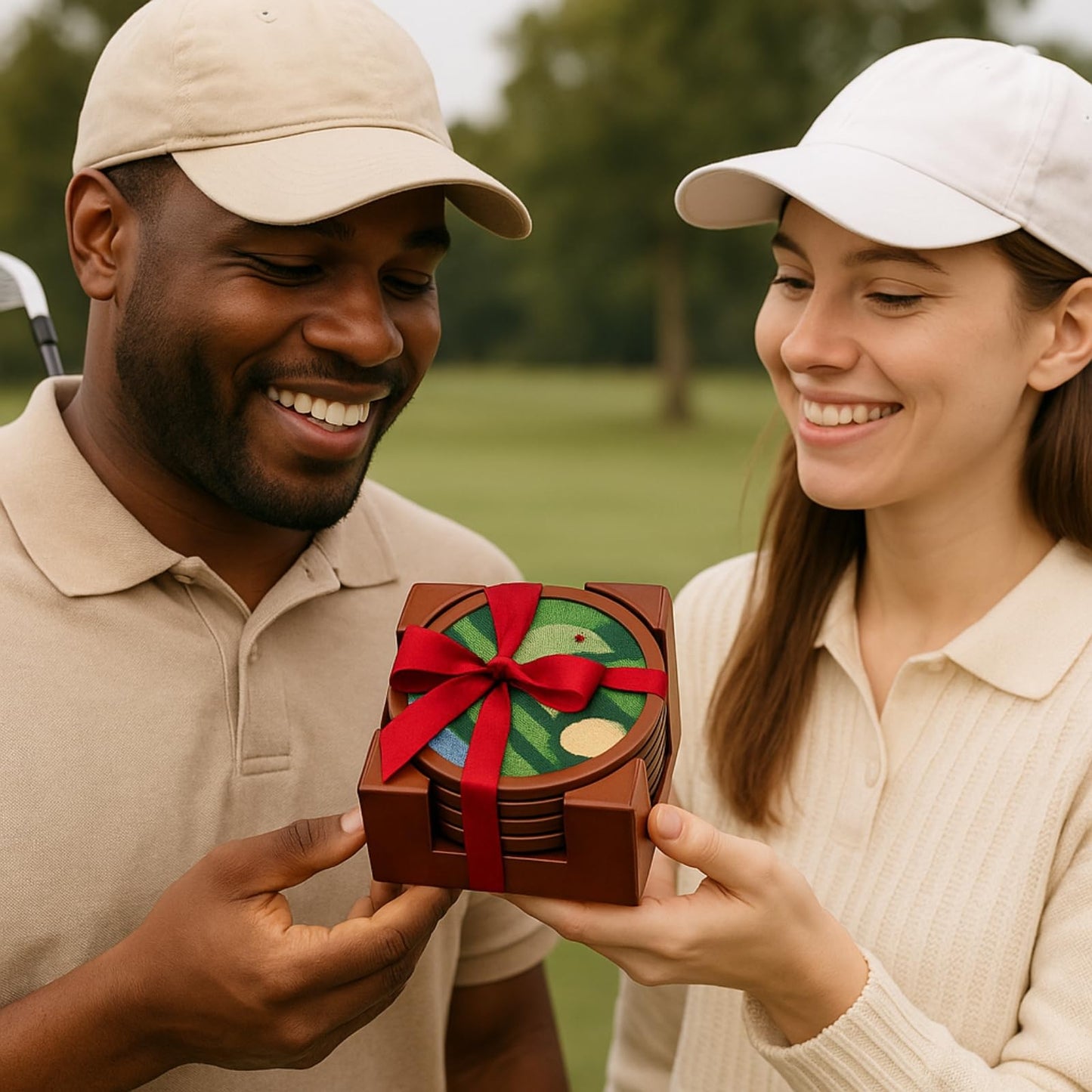 Golf Coasters, Durable Wooden Drink Coasters with Holder