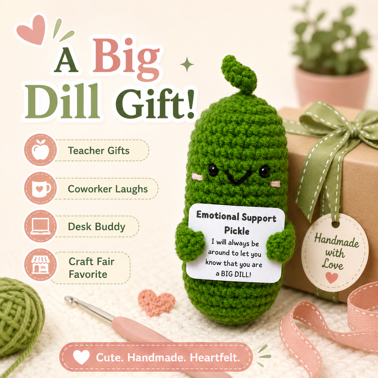 Handmade green pickle plush toy with a message card, surrounded by crafting materials and a gift box CMH Goods.