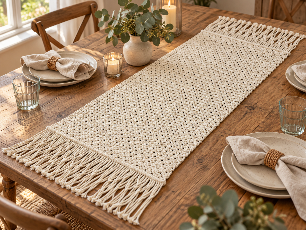 HomeSwag Macrame Table Runner – 14 x 45 Inch Ivory Farmhouse & Boho Dining Table Decor