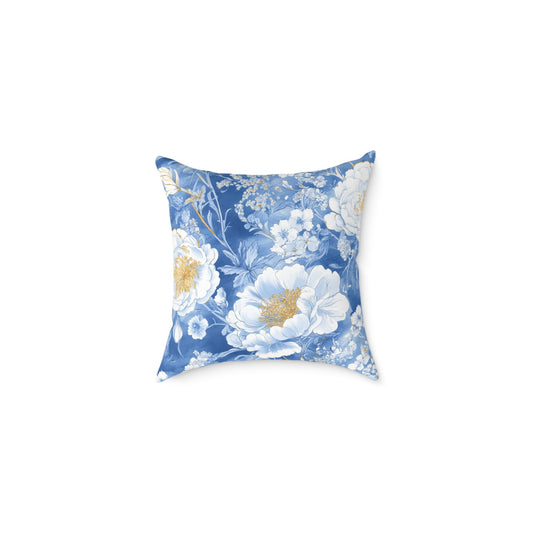 Blue floral canvas pillow with vintage peony print