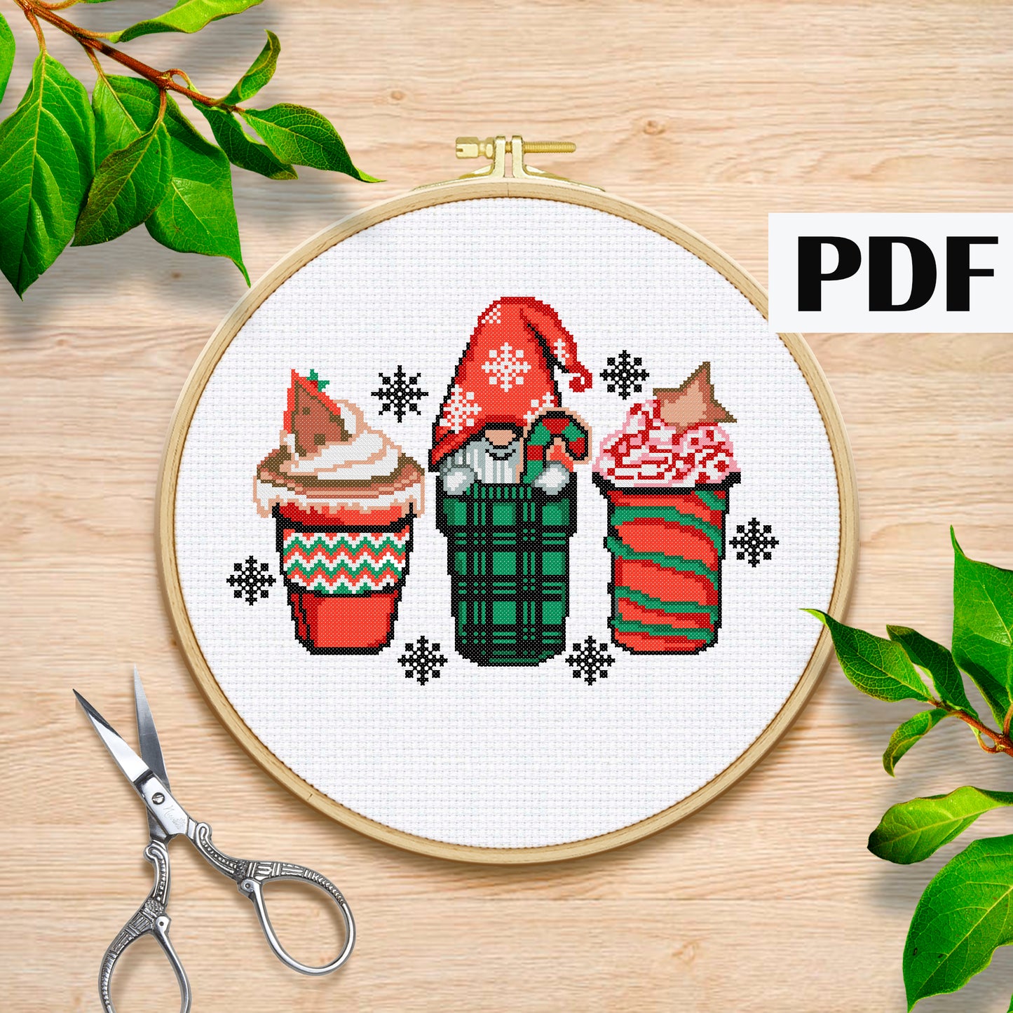 Christmas Gnomes and Coffee Cross Stitch
