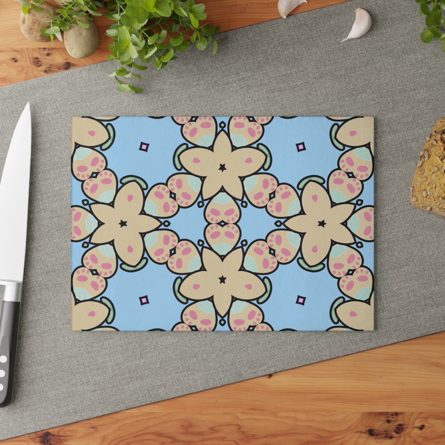 Glass Cutting Board — Pastel Floral Kaleidoscope Kitchen Board