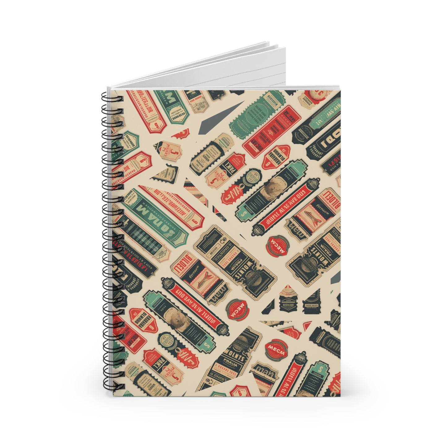 Vintage Labels Spiral Notebook — Retro Sticker Collage Ruled Journal