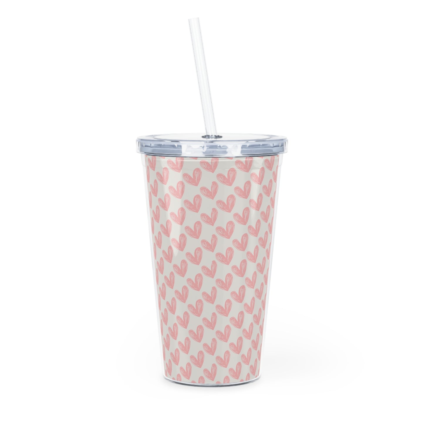Pink Heart Pattern Tumbler with Straw — Cute Valentine Travel Cup