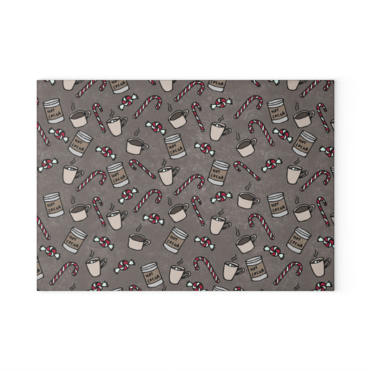 Holiday Cocoa & Candy Cane Glass Cutting Board — Festive Kitchen Decor