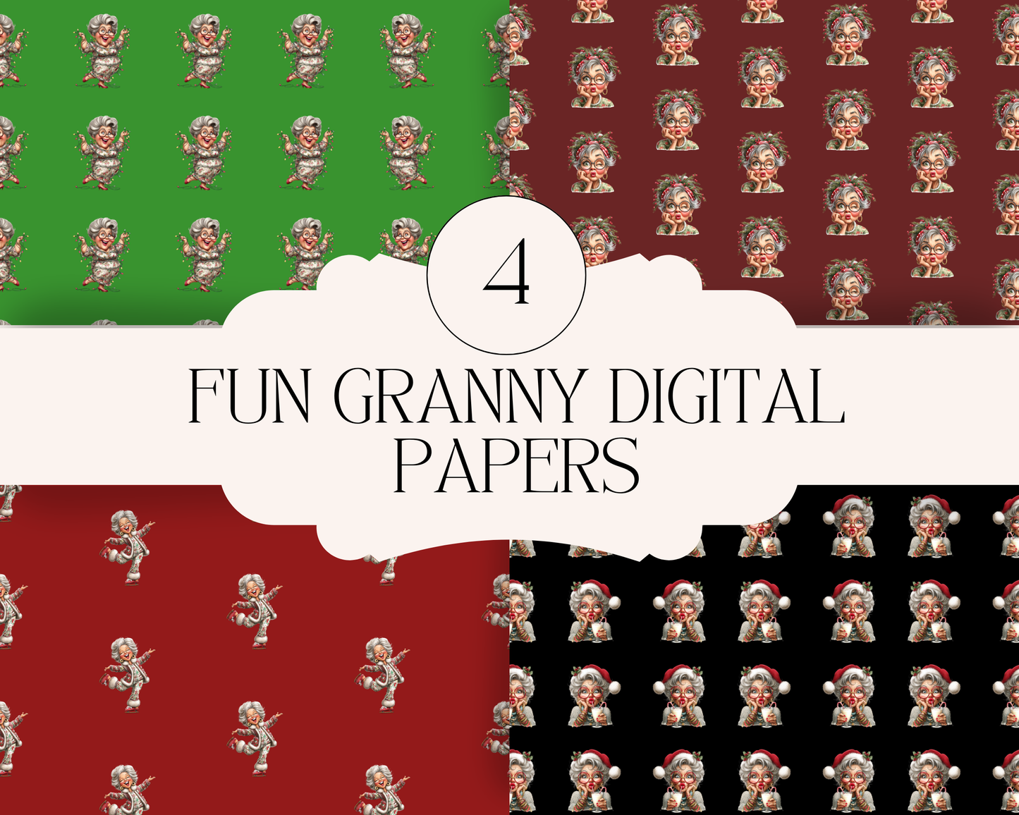Fun Granny Christmas Seamless Digital Paper Patterns | 4 Digital Prints Instant Download