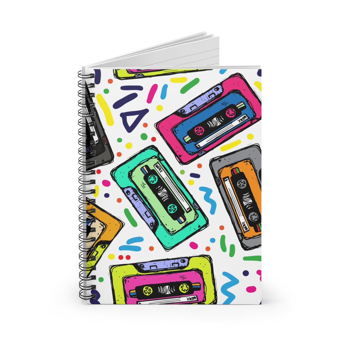 Retro Cassette Tape Spiral Notebook — 90s Neon Music Journal (Ruled)