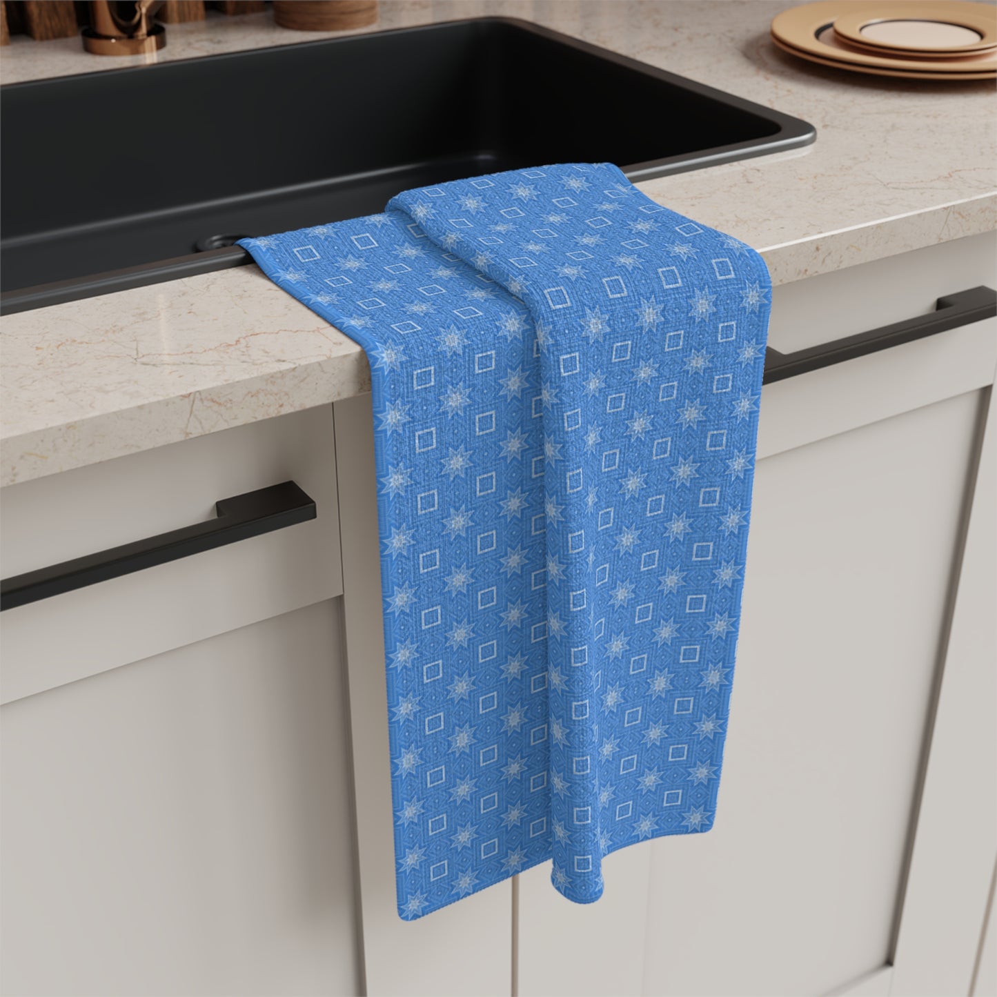 Blue Geometric Microfiber Tea Towel — Small Square Pattern Cotton-Look Kitchen Towel