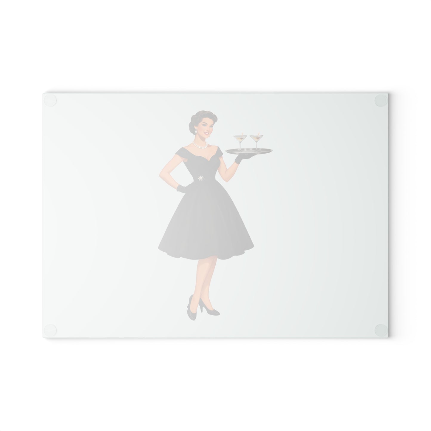 Retro Hostess Glass Cutting Board – Vintage 1950s Lady Serving Cocktails