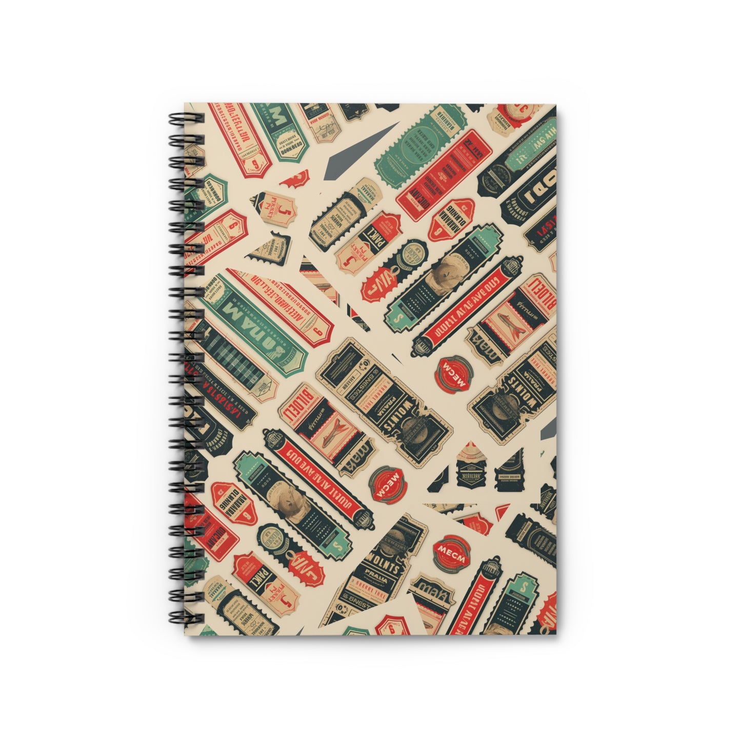 Vintage Labels Spiral Notebook — Retro Sticker Collage Ruled Journal