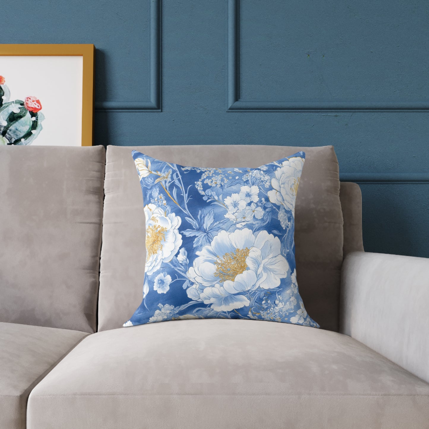 Blue Floral Canvas Pillow – Vintage Peony Decorative Throw Pillow