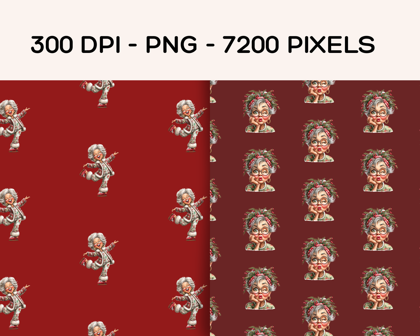 Fun Granny Christmas Seamless Digital Paper Patterns | 4 Digital Prints Instant Download