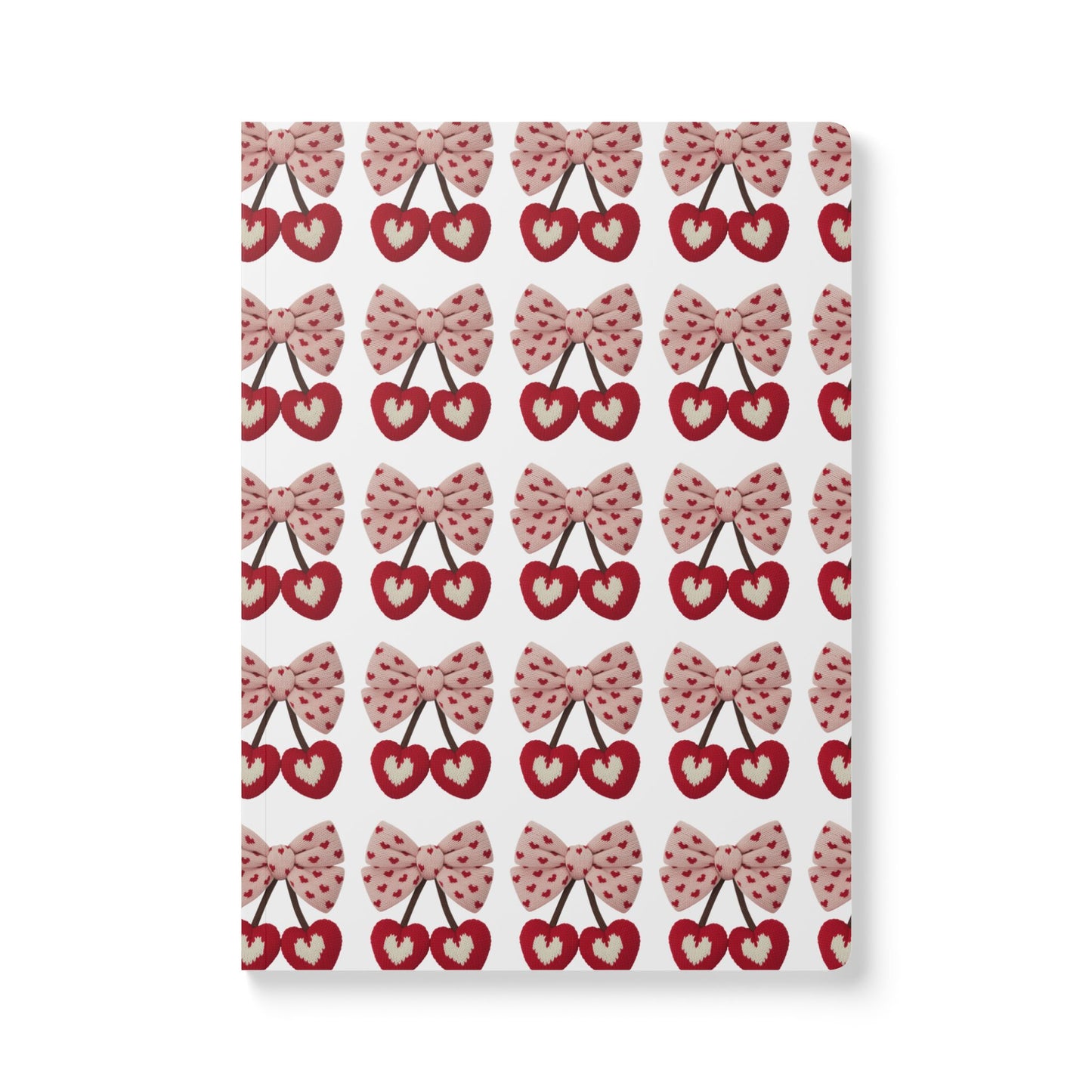 Cherry Bow Softcover Journal — Cute Heart Cherries Pattern Notebook
