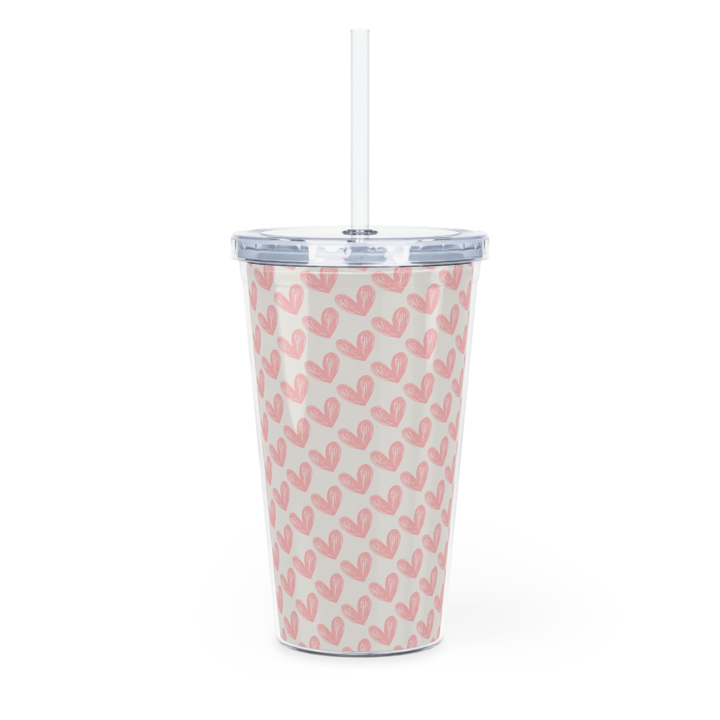 Pink Heart Pattern Tumbler with Straw — Cute Valentine Travel Cup