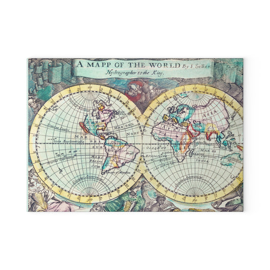 Vintage World Map Glass Cutting Board — Decorative Kitchen Chopping Board