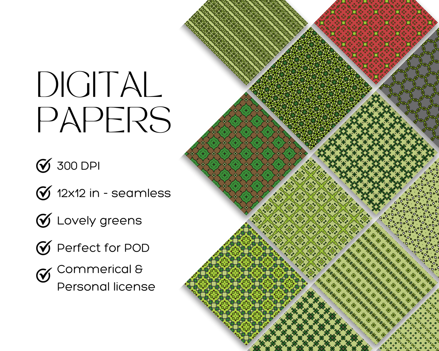 Seamless Green Geometric Classic Style Digital Paper Patterns