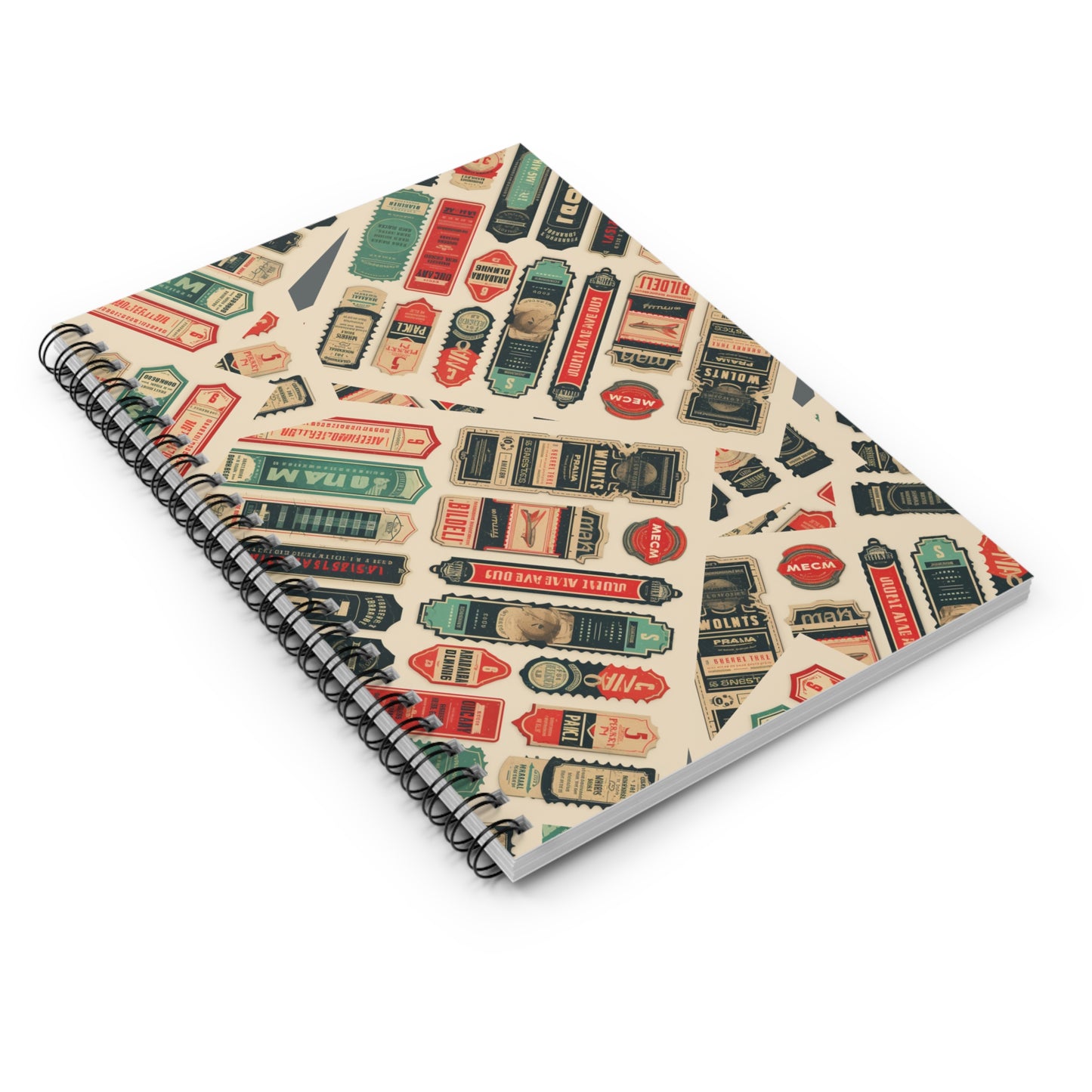 Vintage Labels Spiral Notebook — Retro Sticker Collage Ruled Journal