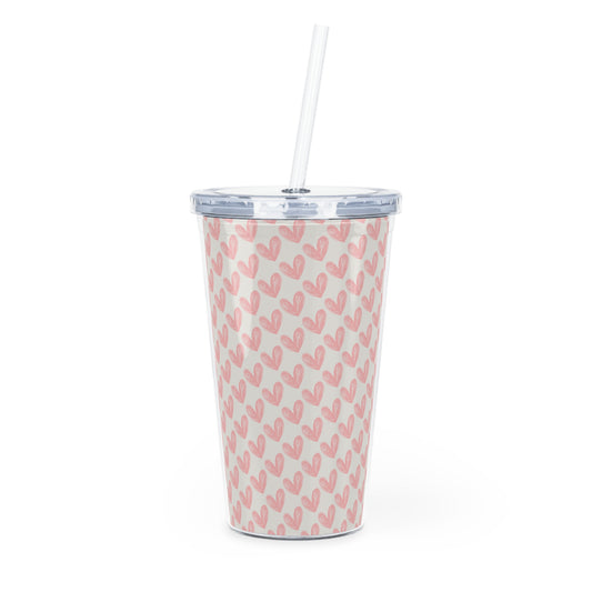 Pink Heart Pattern Tumbler with Straw — Cute Valentine Travel Cup