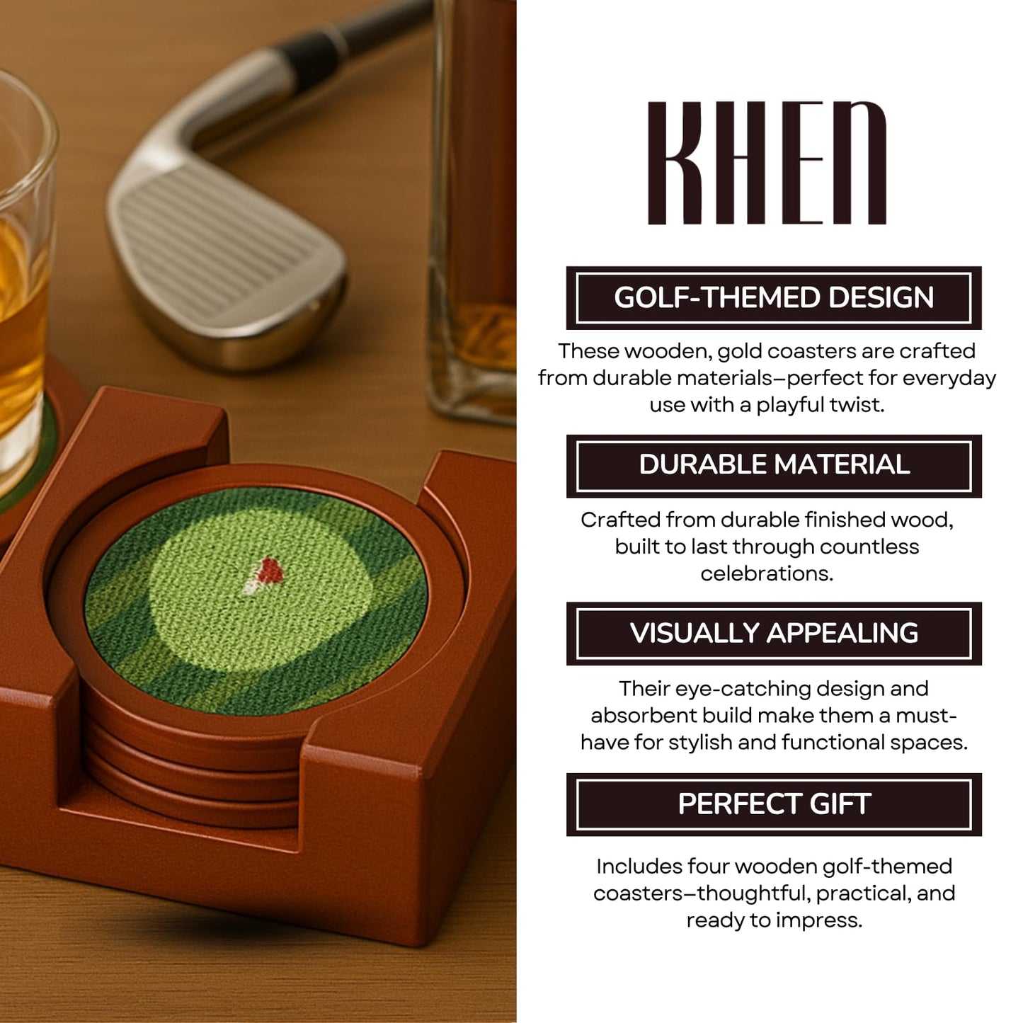 Golf Coasters, Durable Wooden Drink Coasters with Holder