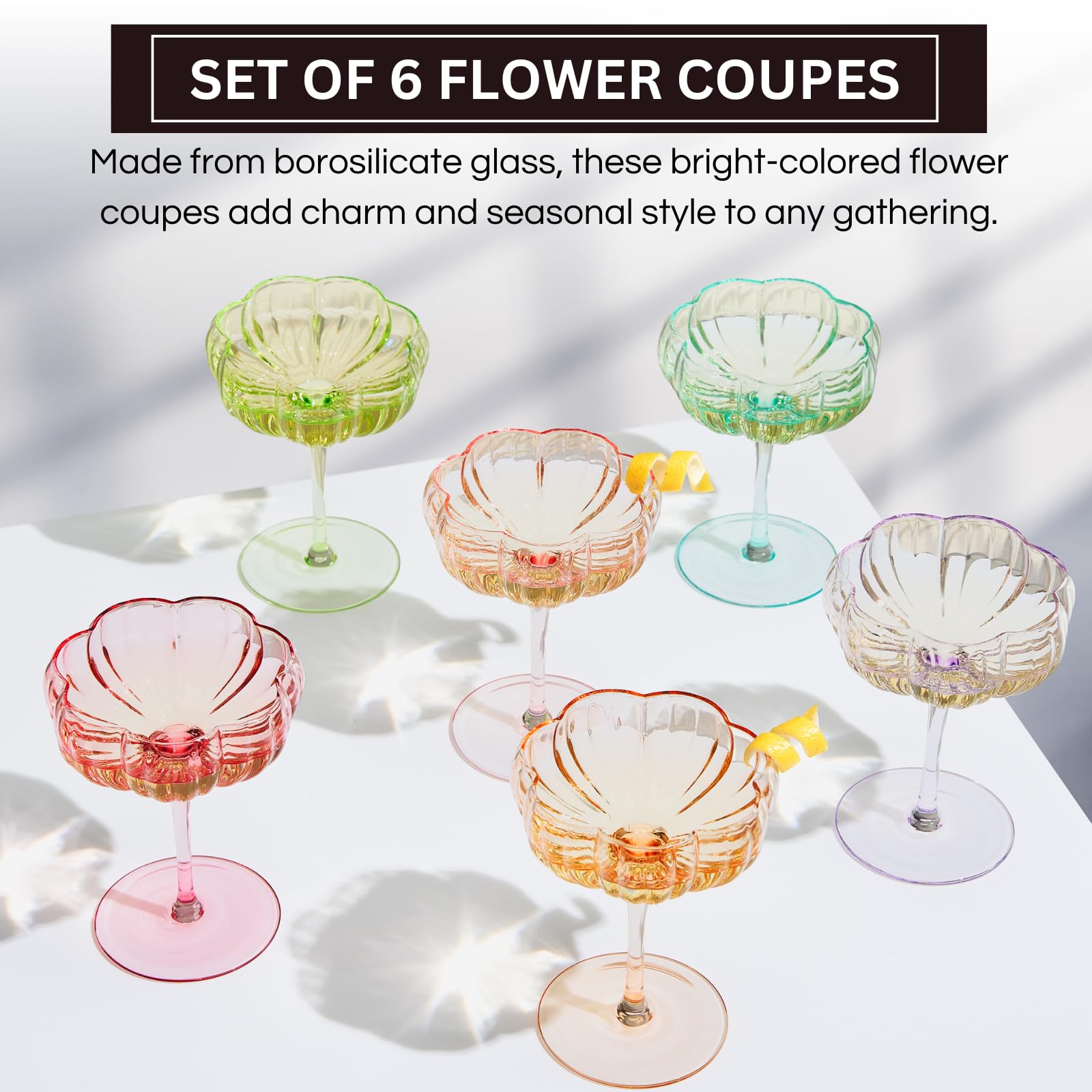 Set of 6 colorful glass flower coupes on a white surface with text describing their material and use CMH Goods.