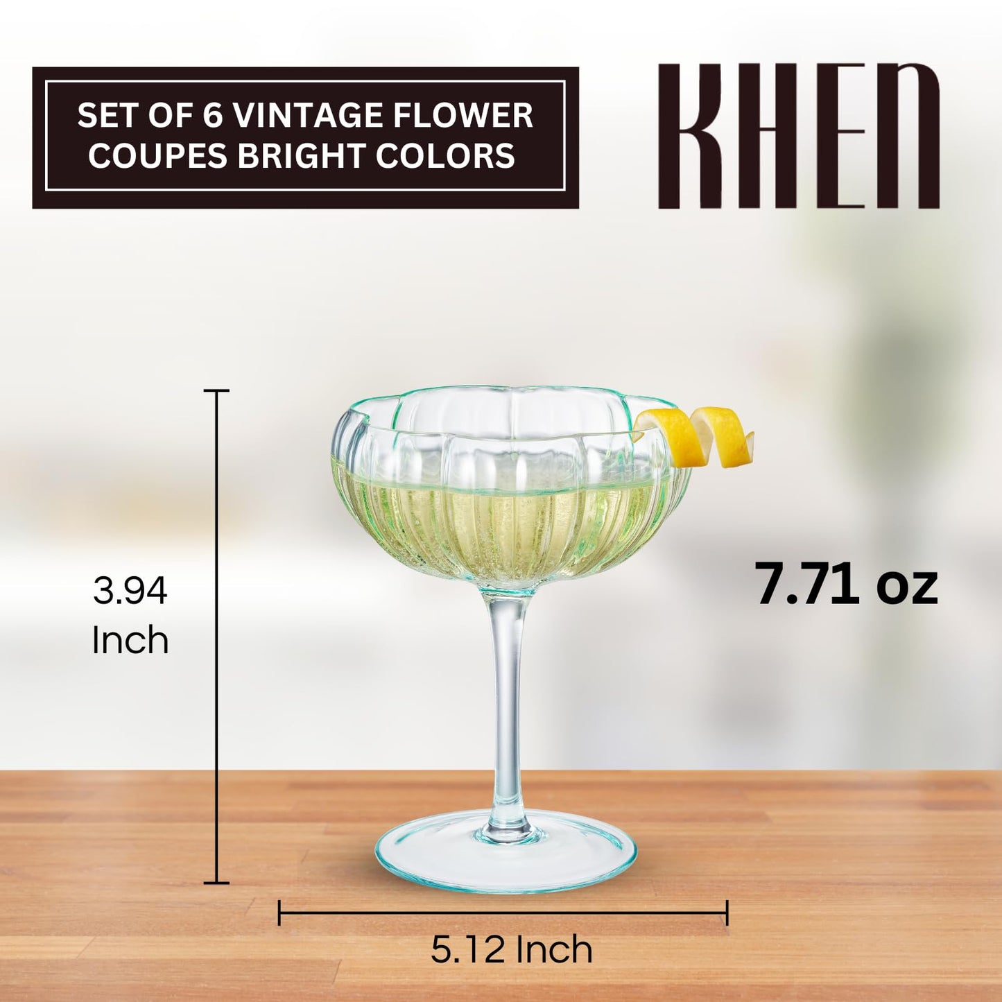 Vintage flower coupe glass with measurements and KHIEN branding on a wooden surface CMH Goods.