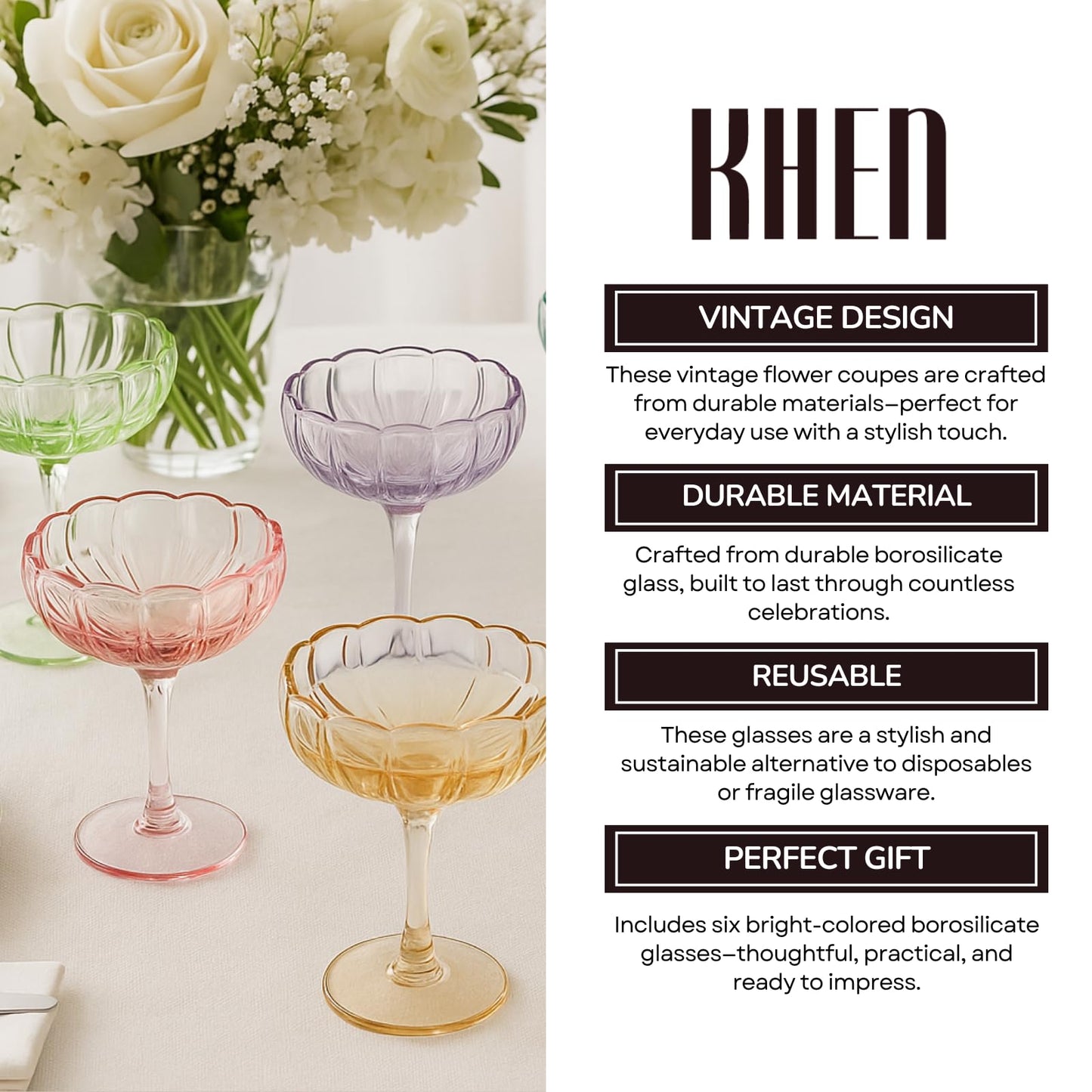 Vintage-style glassware with colorful stems on a white surface, accompanied by text about the product's features CMH Goods.