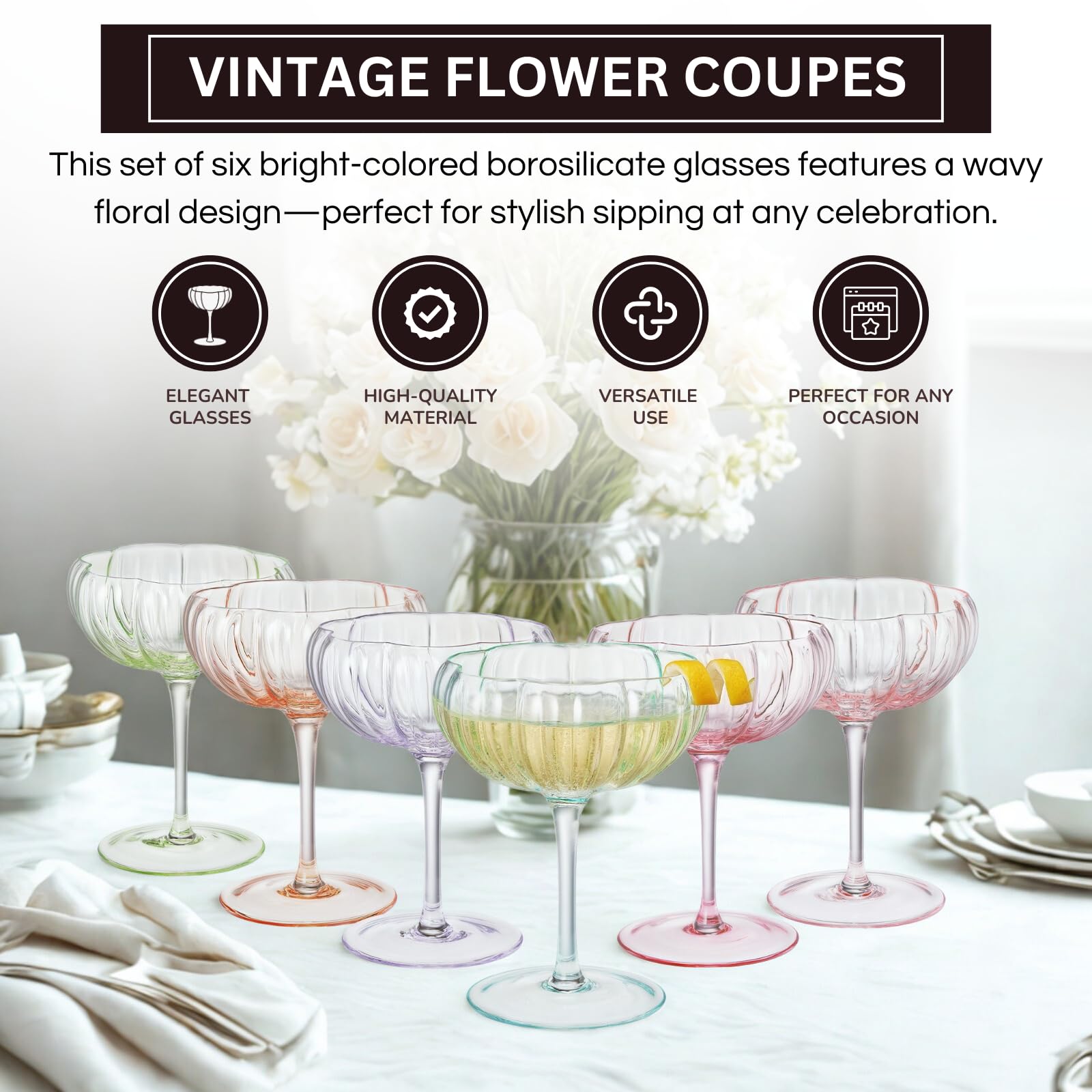 Set of six vintage-style cocktail glasses with floral design on a table setting CMH Goods.