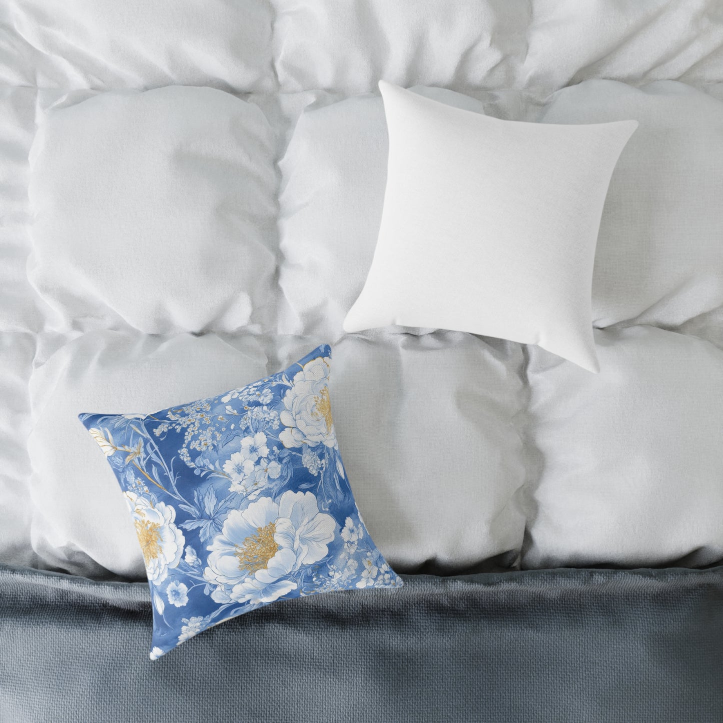 Blue Floral Canvas Pillow – Vintage Peony Decorative Throw Pillow