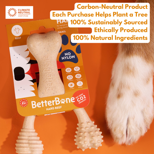 BetterBone dog chew toy with packaging on an orange background, featuring sustainability claims CMH Goods.