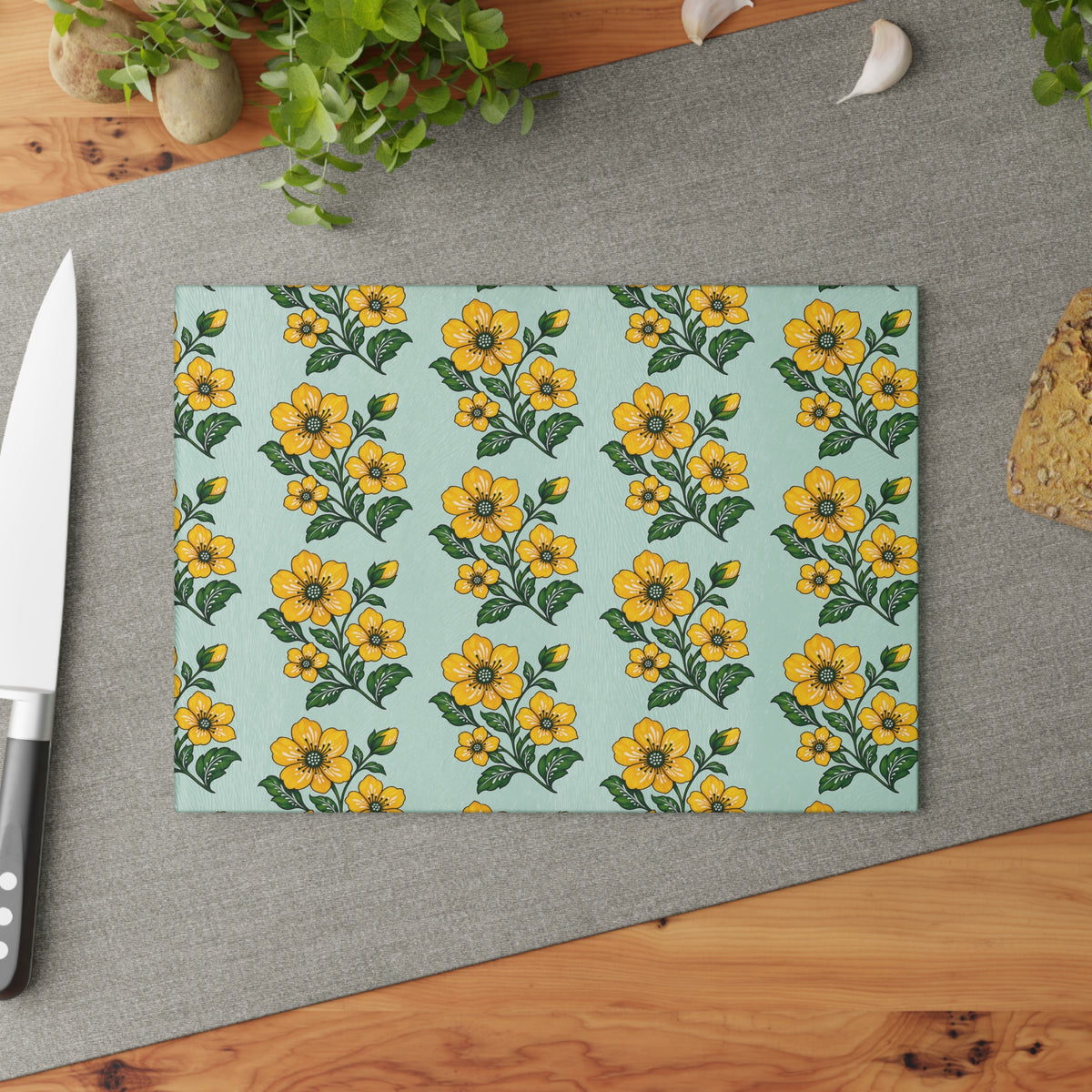 Glass Cutting Board Folk Art Yellow Floral Pattern