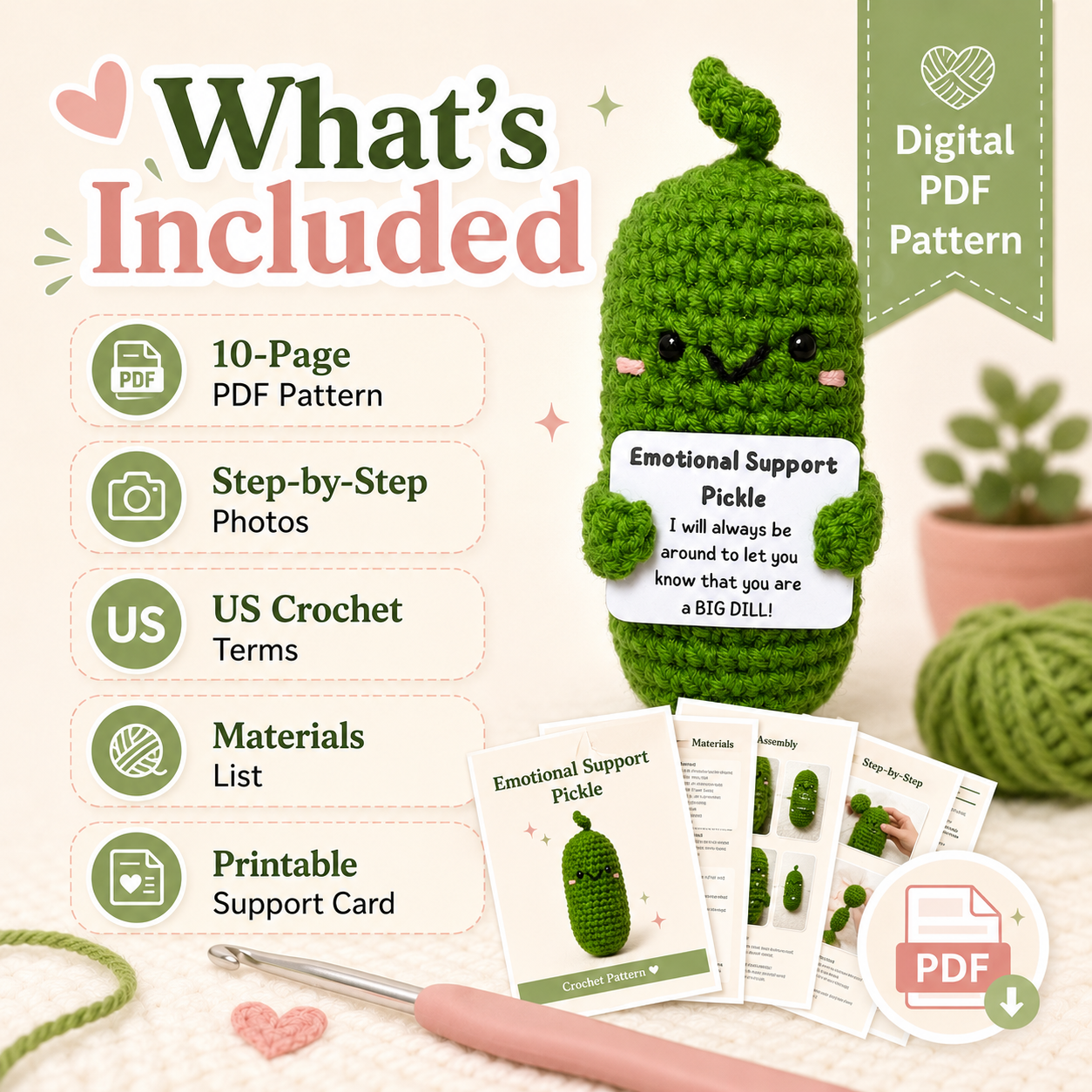 Crocheted pickle with a digital PDF pattern packaging, showing step-by-step photos list, CMH Goods.