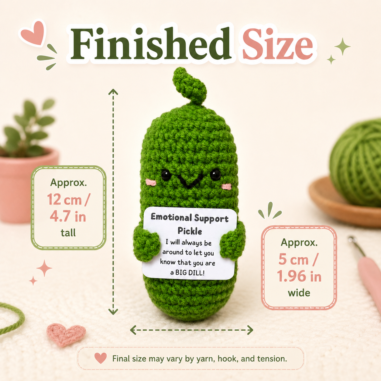 Crocheted pickle plush toy with dimensions and text on a light background CMH Goods