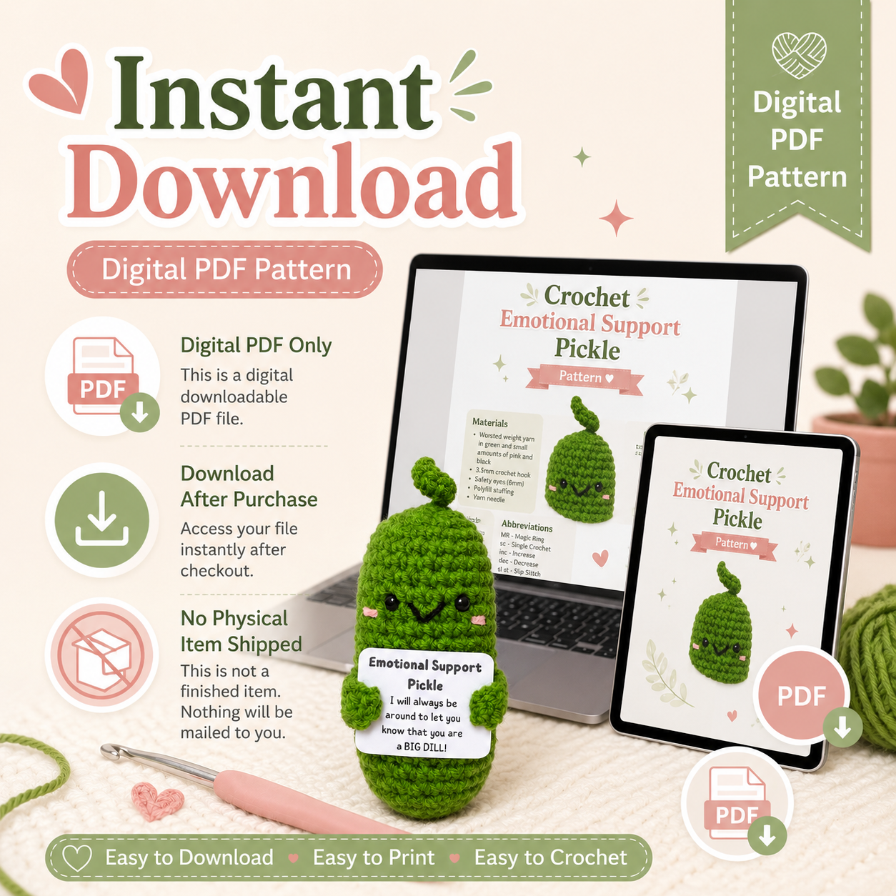 Digital PDF pattern for a crochet emotional support pickle with laptop, tablet, and yarn on a light background CMH Goods.