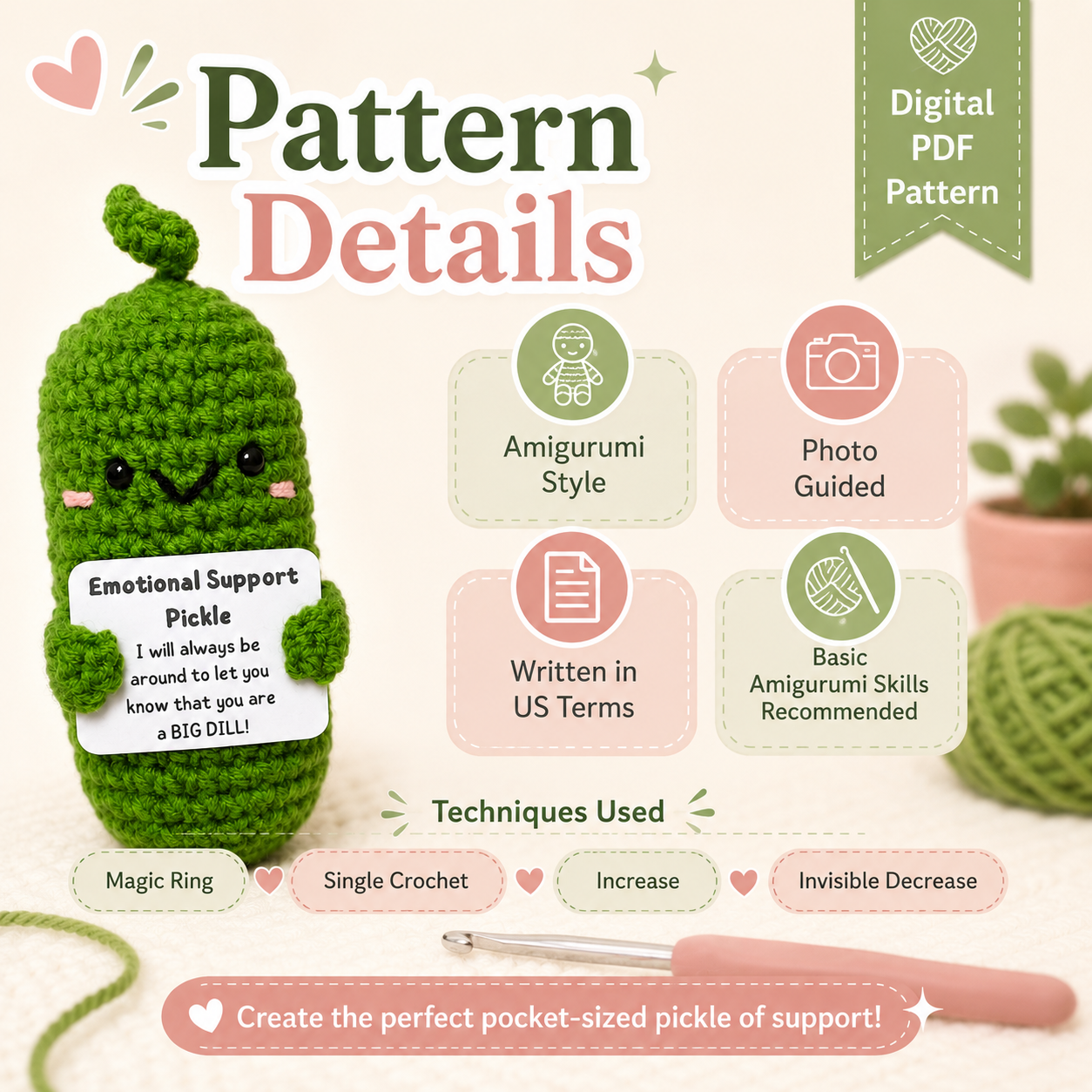 Digital PDF pattern for a green amigurumi pickle with features listed on a light background CMH Goods.