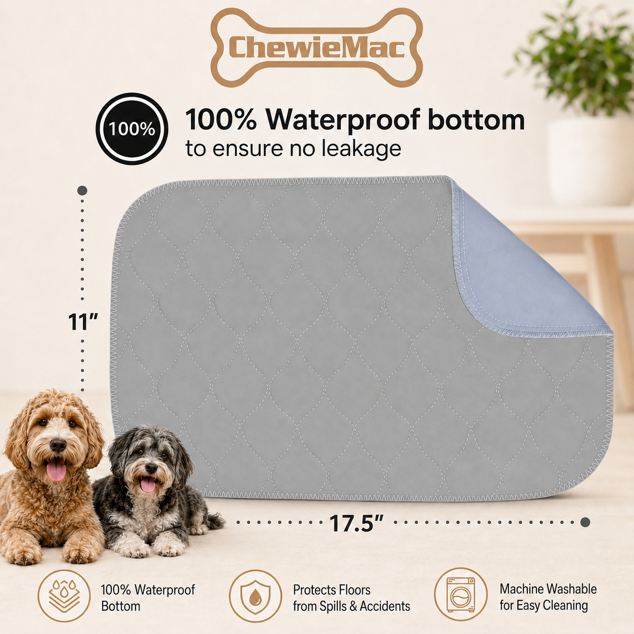 A gray quilted pet pee pad with a light blue corner, shown with dimension markings of 11 by 17.5 inches.