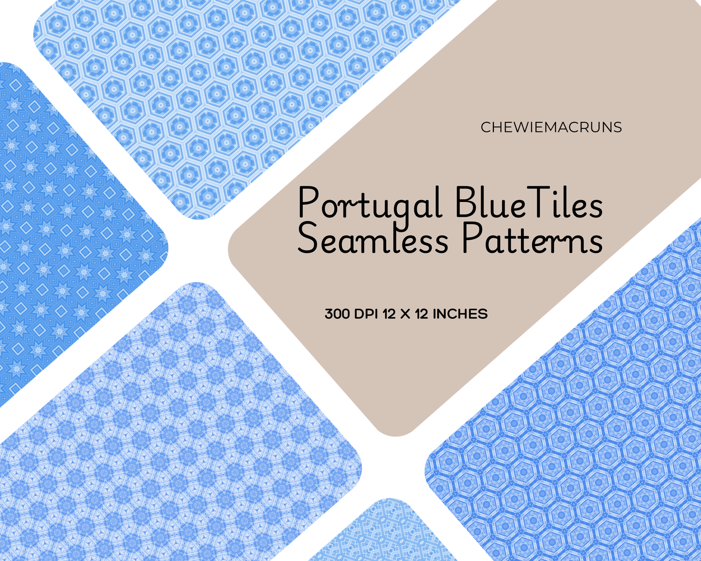 Portugal Blue Tiles Digital Paper Patterns, 10 Seamless Patterns with Commercial License