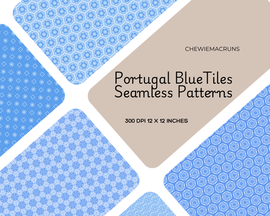 Portugal Blue Tiles Digital Paper Patterns, 10 Seamless Patterns with Commercial License