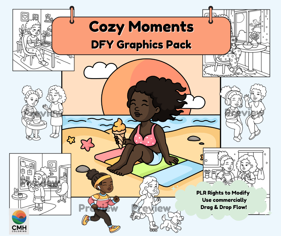 Cozy Moments DFY Graphics Coloring Pack, HandDrawn PLR Designs