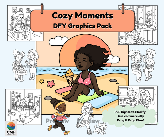 Cozy Moments DFY Graphics Coloring Pack, HandDrawn PLR Designs