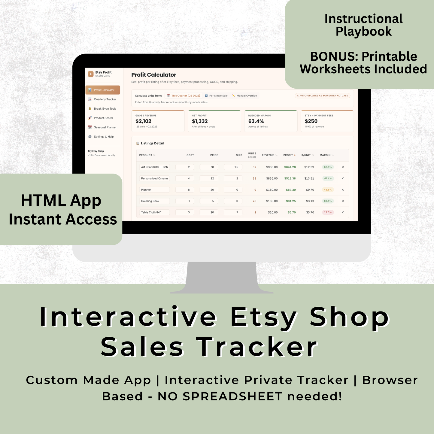 Etsy Seller Profit Dashboard HTML App, Local Browser Sales Tracker, Calculator, Break Even Tool