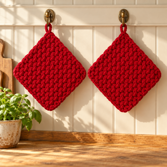 Chunky Knit Cotton Pot Holders – Set of 2 | Farmhouse Kitchen Hot Pads with Hanging Loops