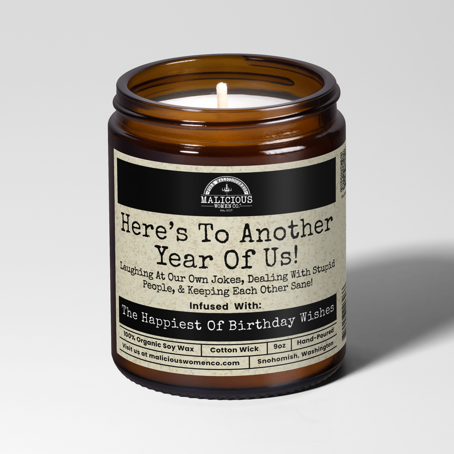 Here's To Another Year Of Us | Scent: Palo Santo | 9oz Birthday Candle | Malicious Women Co