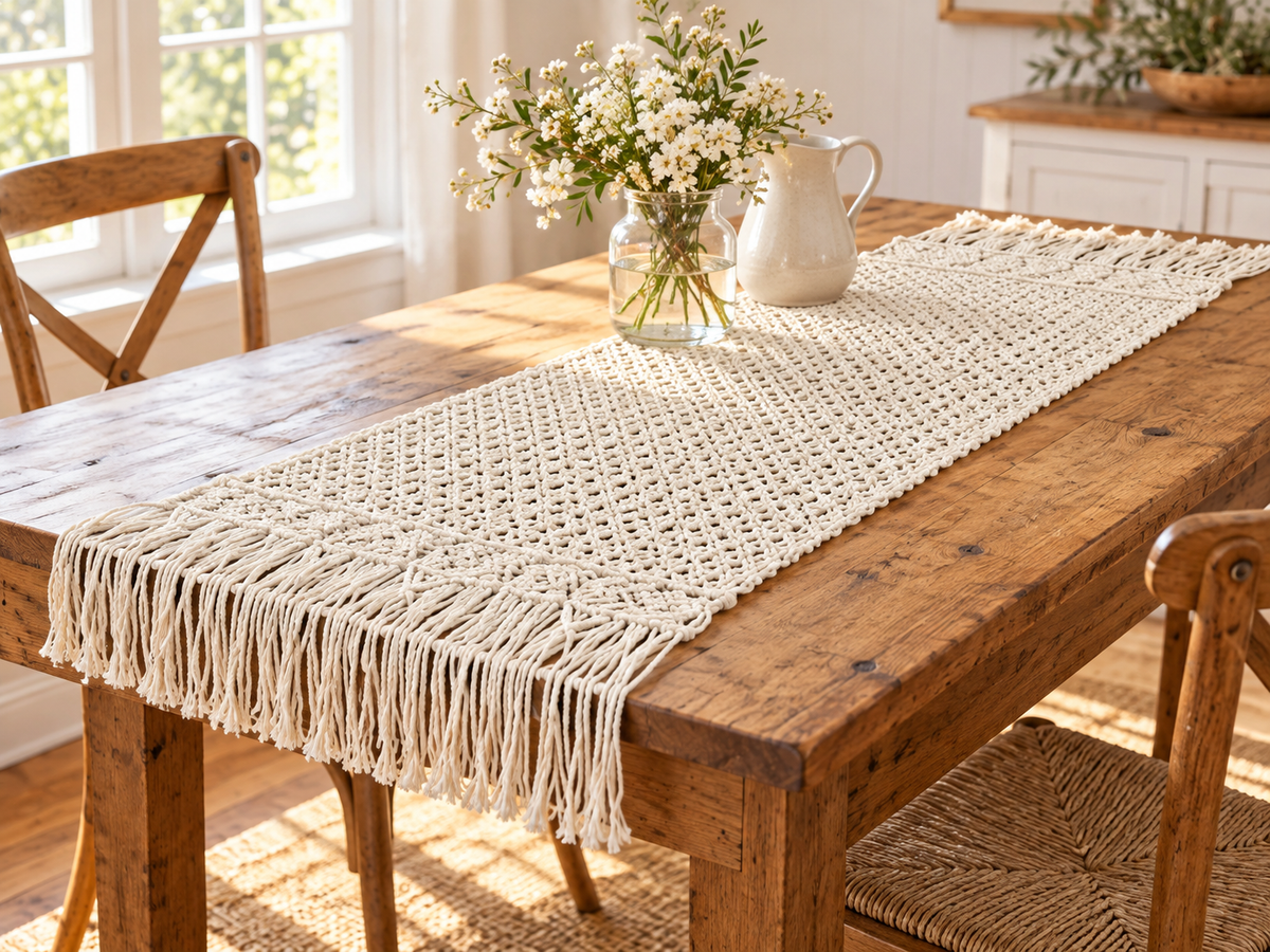 HomeSwag Macrame Table Runner – 14 x 45 Inch Ivory Farmhouse & Boho Dining Table Decor