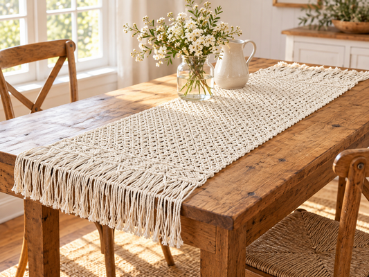 HomeSwag Macrame Table Runner – 14 x 45 Inch Ivory Farmhouse & Boho Dining Table Decor