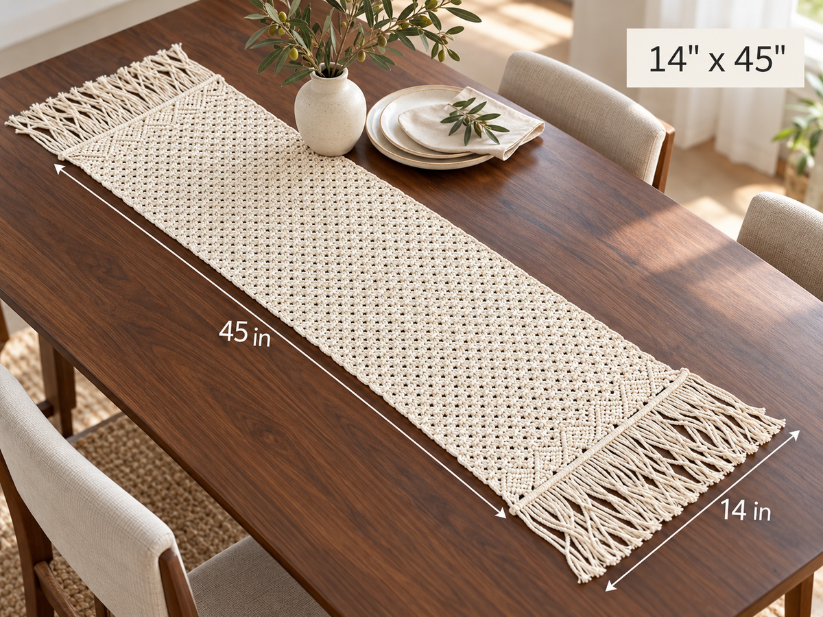 HomeSwag Macrame Table Runner – 14 x 45 Inch Ivory Farmhouse & Boho Dining Table Decor