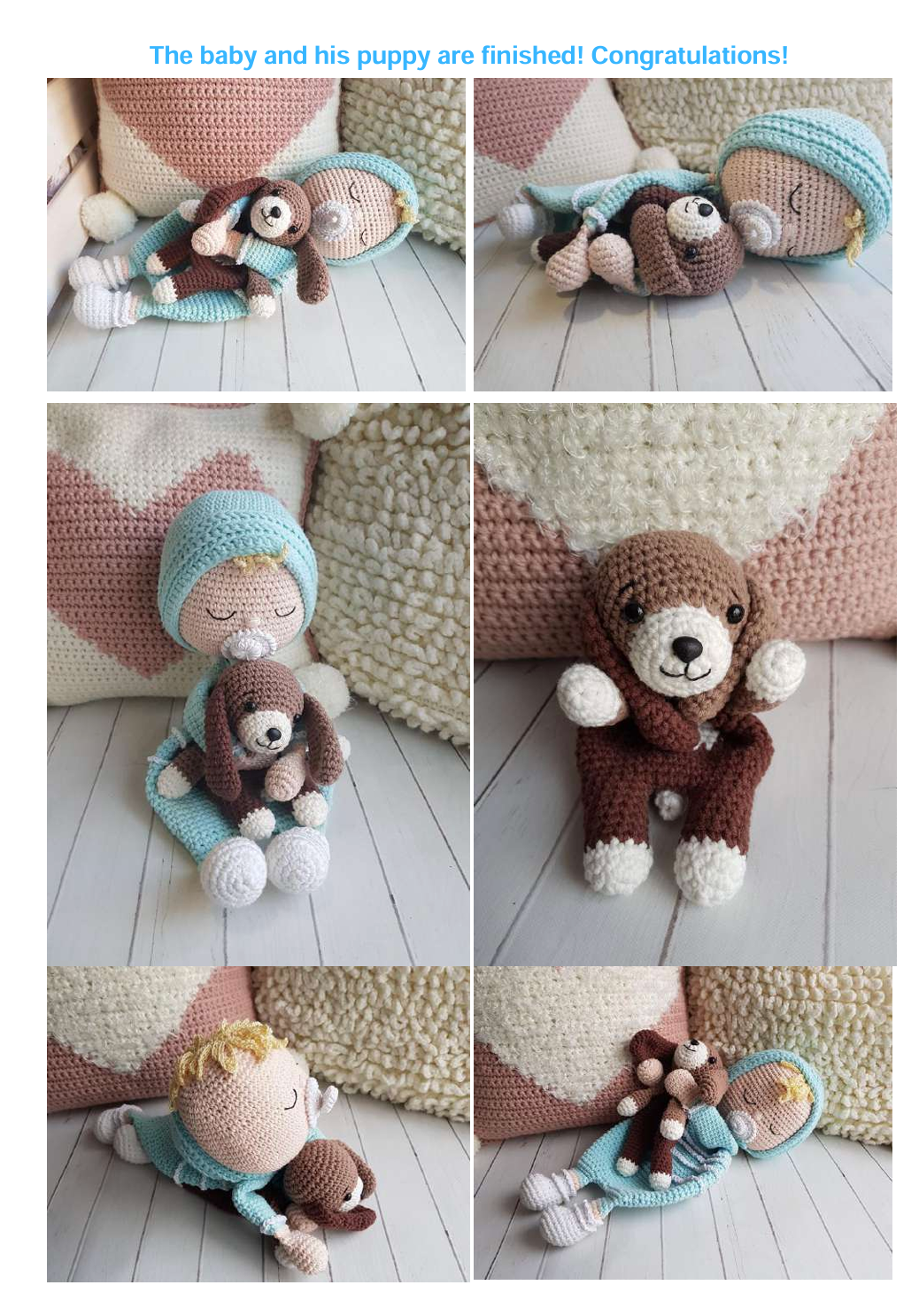 Images of the finished crochet of baby holding a puppy by CMH Goods
